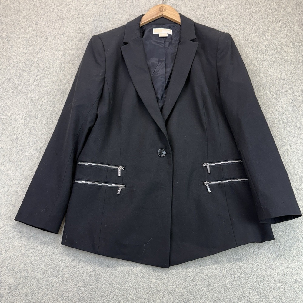 Michael Kors Women's Black Single Button Blazer Jacket Size 16 Silver Zip